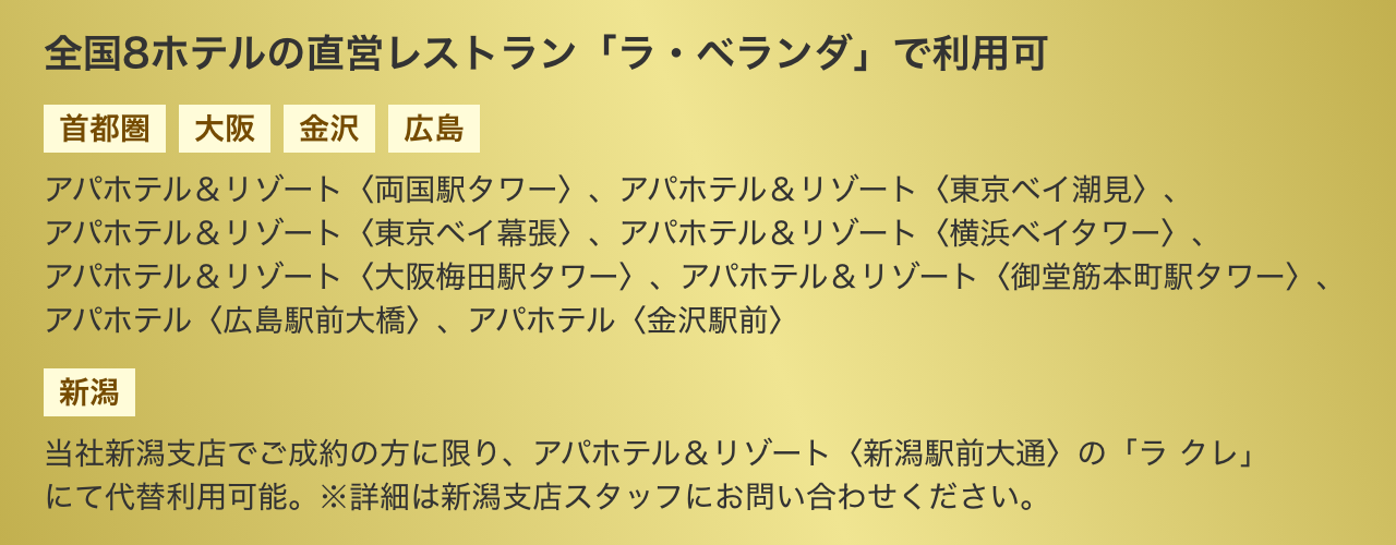 全国8ホテルの直営レストラン「ラ・ベランダ」で利用可